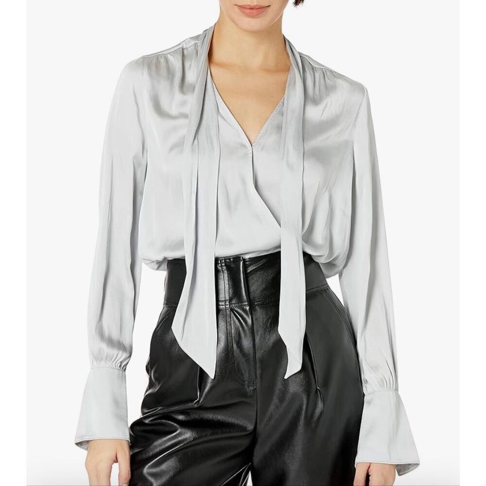 Paige Saffron Silky Satin Tie-Neck Bodysuit in Cloud Gray Size XS